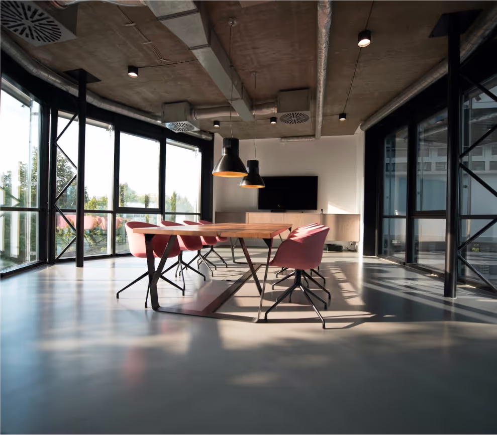 Modern meeting room with a large display