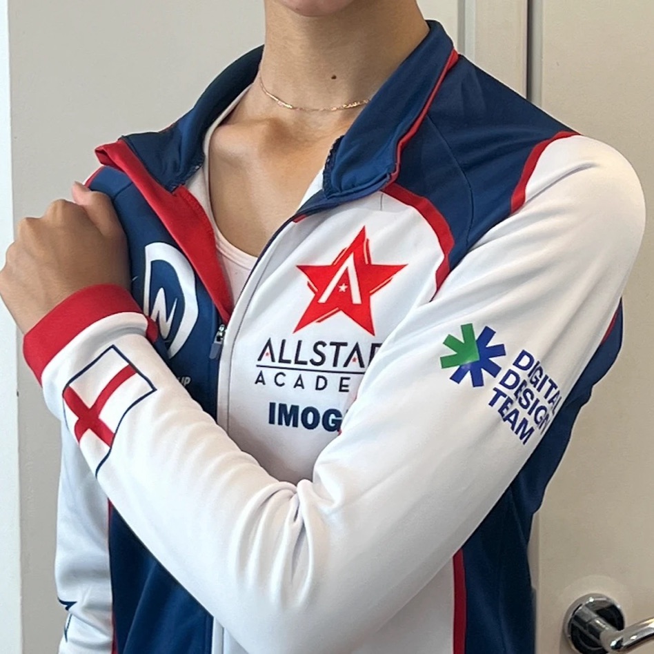 Allstars Academy Team England jacket with the Digital Design Team logo on the sleeve
