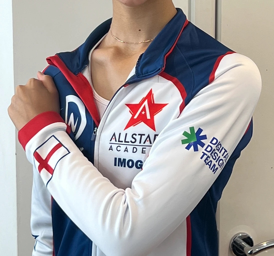 Allstars Academy Team England jacket with the Digital Design Team logo on the sleeve